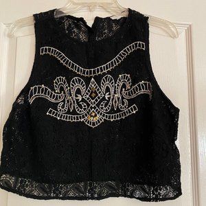 Kaitlyn Black Embroidered lace crop top